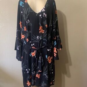 City Chic size 20 Black Floral Long Bell Sleeves Dress Belt